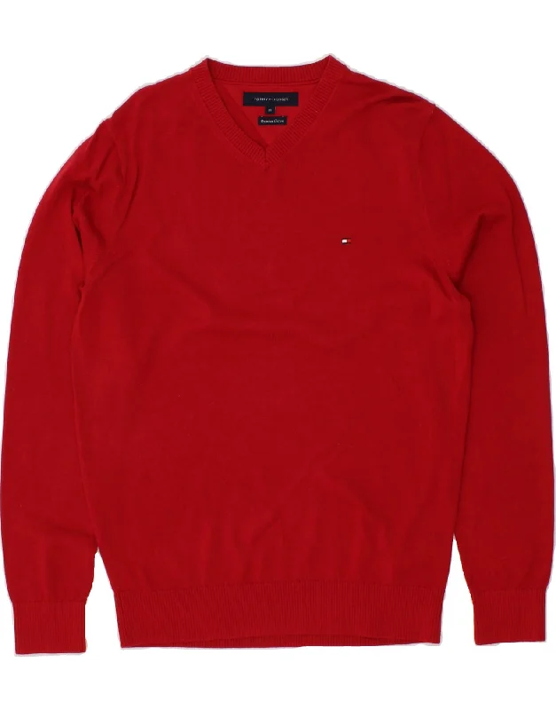 TOMMY HILFIGER Mens V-Neck Jumper Sweater Medium Red Cotton Denim Fabric Leather Fabric Suede Fabric