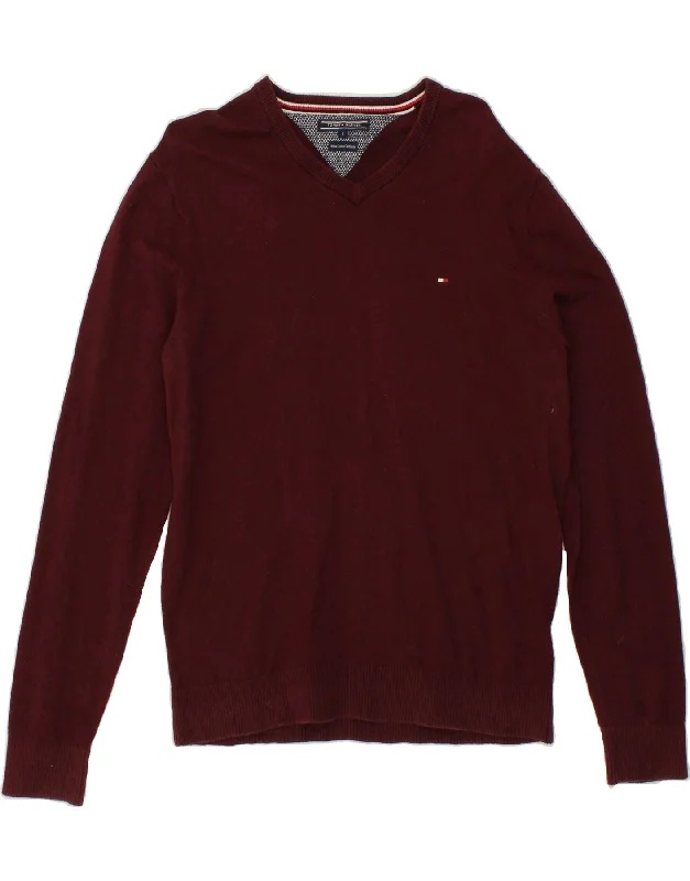 TOMMY HILFIGER Mens V-Neck Jumper Sweater Large Burgundy Cotton Cotton Fabric Linen Fabric Terry Fabric