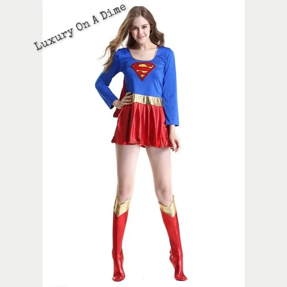 SUPER GIRL Hero Outfit Sexy Halloween Adult Costume Mini Dress Cape Cosplay Comfortable Fit-and-Flare Mini Dress