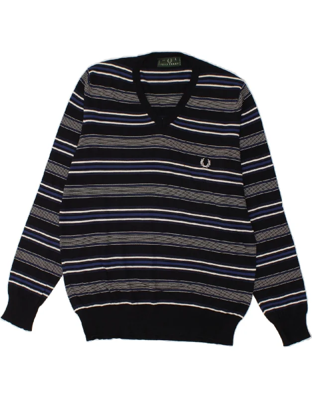 FRED PERRY Mens V-Neck Jumper Sweater Large Navy Blue Striped Cotton Cashmere Blend Cotton Blend Poly Blend