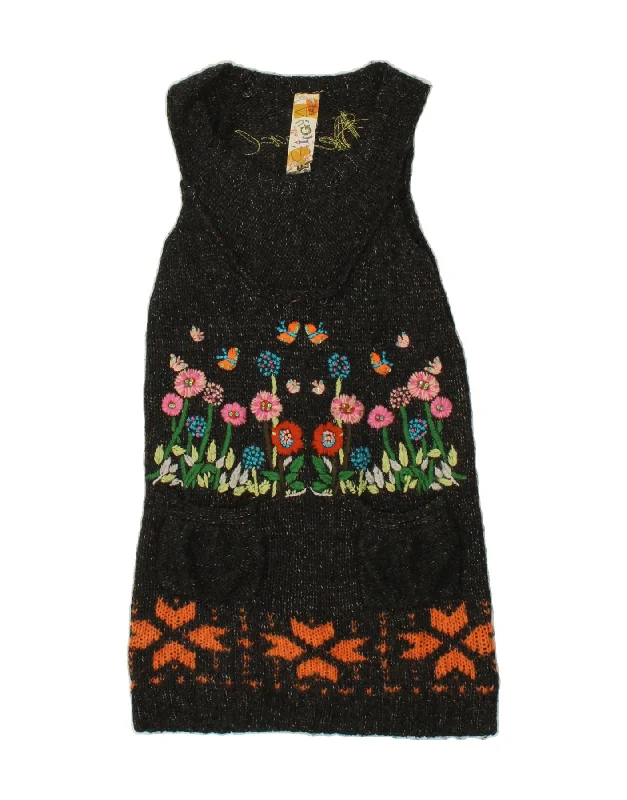 DESIGUAL Womens Sleeveless Jumper Dress UK 12 Medium Black Floral Acrylic Cable Knit Ribbed Knit Lace Knit