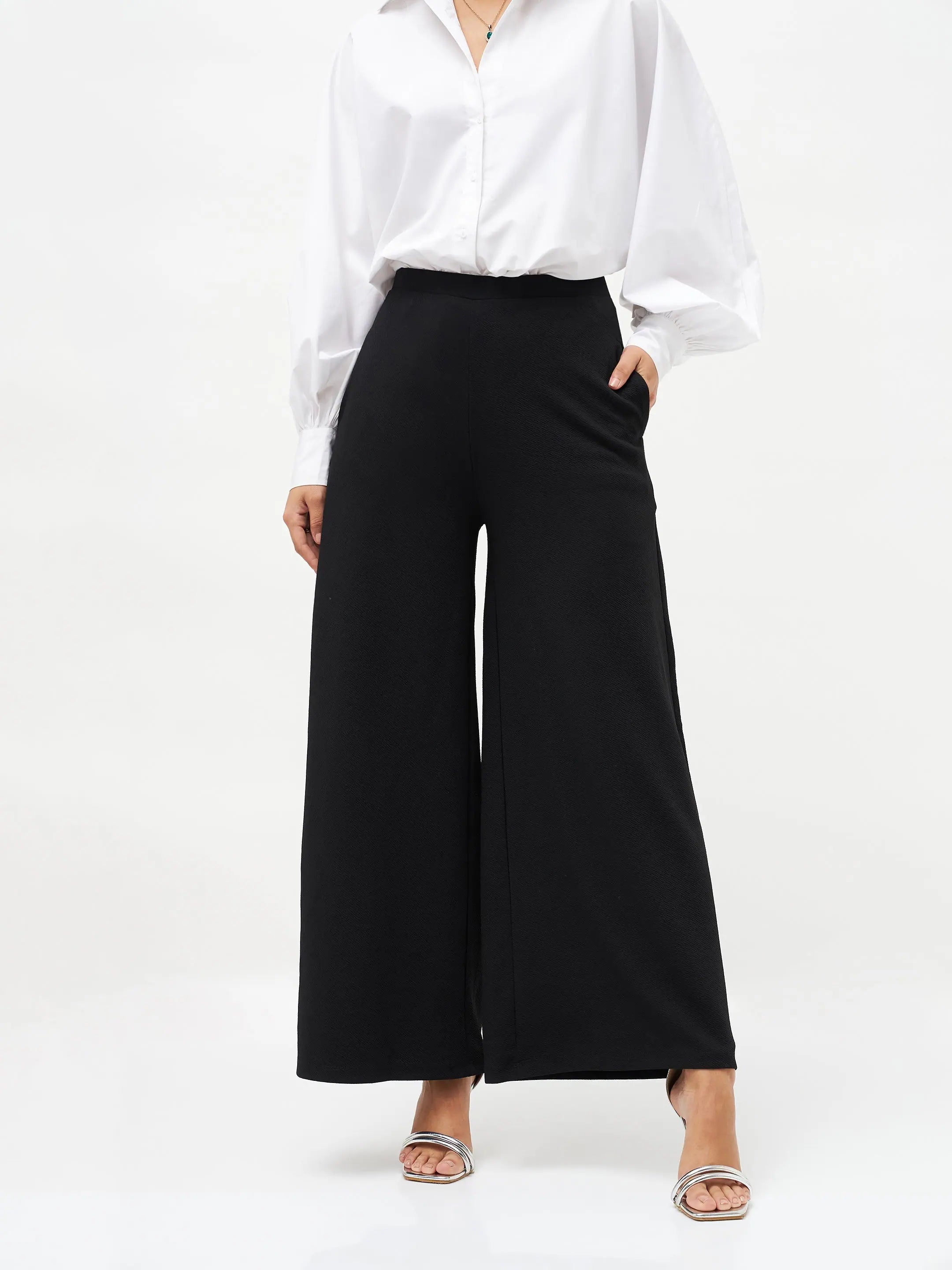 Women Black Scuba Wide Leg Pants Elegant Palazzo Trousers