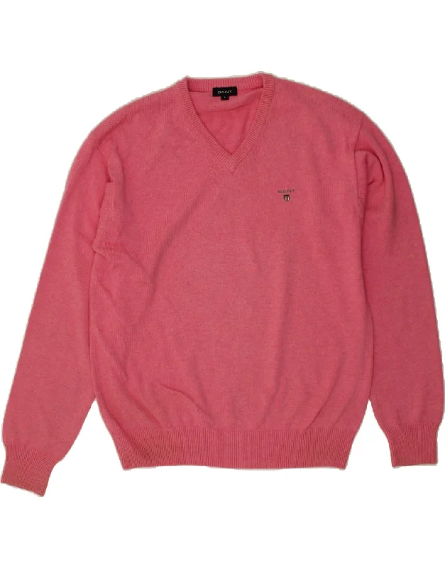 GANT Mens V-Neck Jumper Sweater Large Pink Cotton Lightweight Heavyweight Midweight