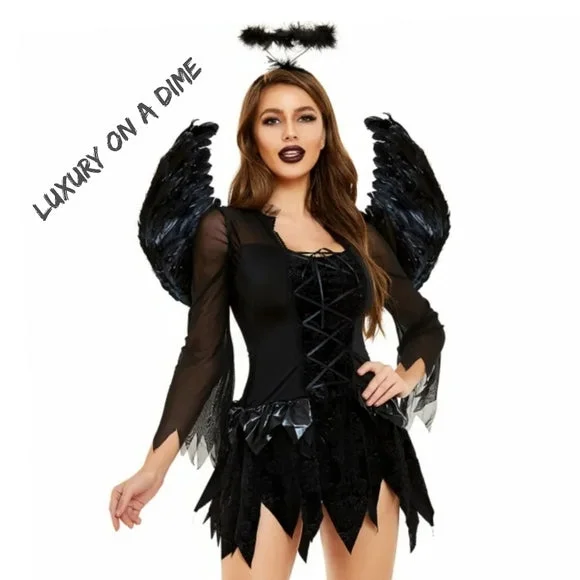 DARK Fallen ANGEL 3-piece Goth Punk Sexy Adult Halloween Costume Mini Dress Stylish Short Sleeve Mini Dress