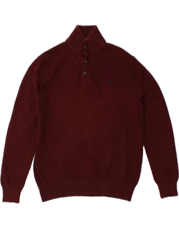 POLO RALPH LAUREN Mens Button Neck Jumper Sweater Medium Burgundy Cotton Boxy Sweater Fitted Sweater A-Line