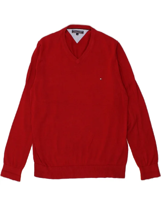 TOMMY HILFIGER Mens V-Neck Jumper Sweater XL Red Cotton Boat Neck Shawl Collar Notched Collar