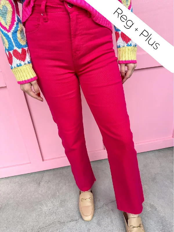 RISEN | High Rise Raw Hem Straight Jeans - Fuchsia Elegant Skinny Leg Jeans