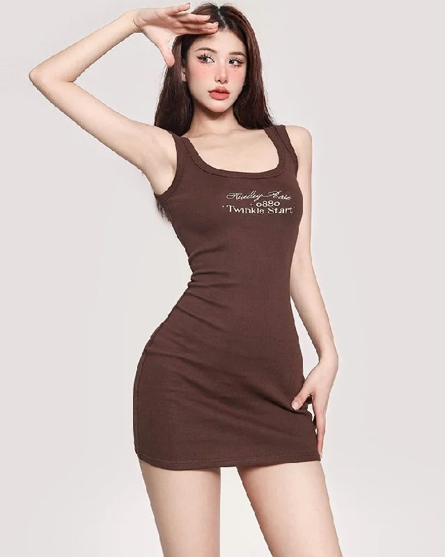 Yielle Solid Color Square Neck Sleeveless Slim Casual Mini Dress Trendy Mesh Mini Dress