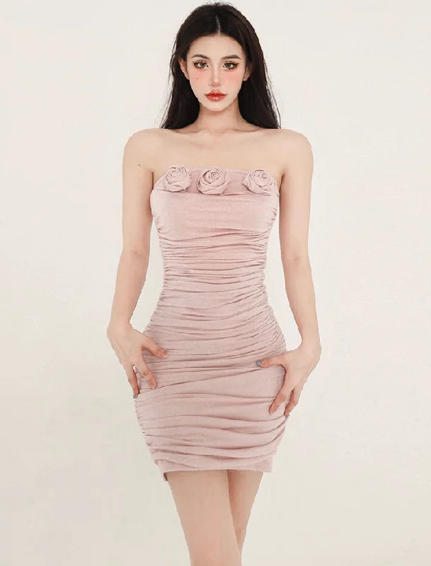 Rosa Solid Color Pink Stitched 3D Roses Design Bandeau Sleeveless Pleated Mini Dress Trendy Tie-Dye Mini Dress