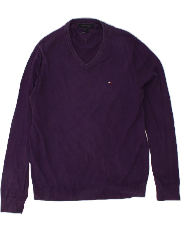 TOMMY HILFIGER Mens V-Neck Jumper Sweater Medium Purple Cotton Notch Collar Peter Pan Collar Cowl Neck