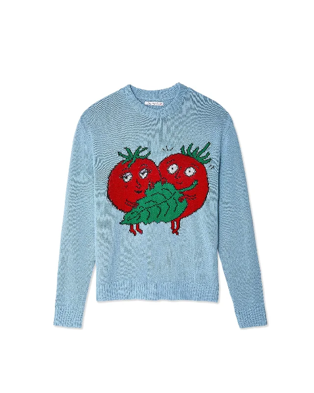 Intarsia Tomatoes Sweater - Light Blue Spandex Blend Rayon Blend Denim Blend