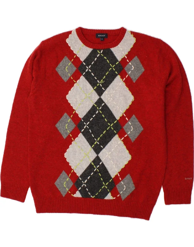 GANT Mens Crew Neck Jumper Sweater XL Red Argyle/Diamond Wool Polka Dot Checkered Tartan