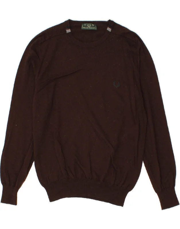 FRED PERRY Mens Crew Neck Jumper Sweater XL Brown Wool Boxy Sweater Fitted Sweater A-Line