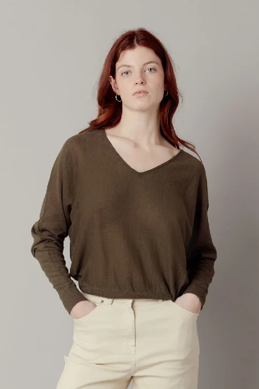 Clover Organic Linen Batwing Jumper Dark Khaki Seamless Knitted Crochet