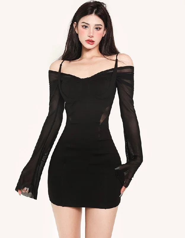 Angelina Solid Color Cut Out Design Long Mesh Sleeve Slim Mini Dress Stylish Short Sleeve Mini Dress