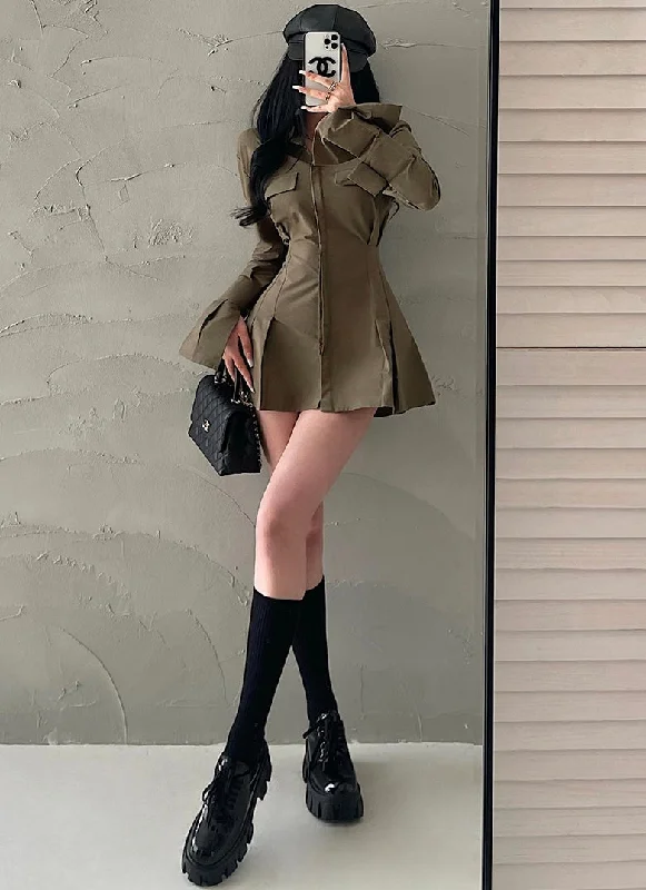 Chelly Solid Color Slim Long Sleeves Shirt Pleated Button Up Waist Short Mini Dress Stylish Spaghetti Strap Mini Dress