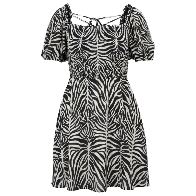 Zebra-print mini dress with smocked bodice Fashionable Lace-Trim Mini Dress