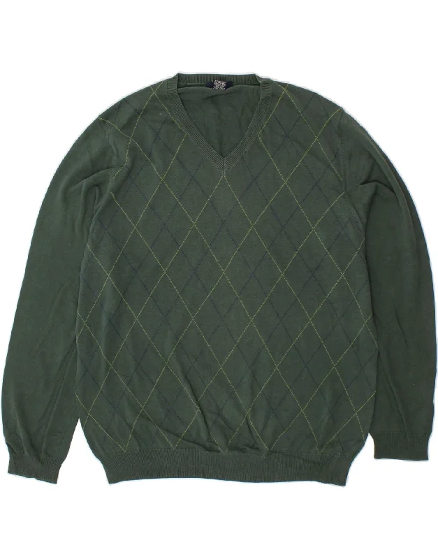 BROOKS BROTHERS Mens 346 V-Neck Jumper Sweater Large Green Argyle/Diamond Open Front Closed Front Wrap Front