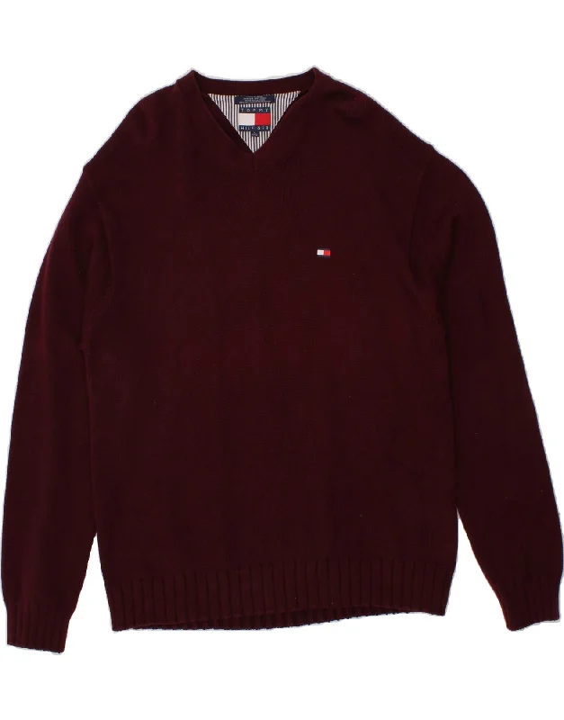 TOMMY HILFIGER Mens V-Neck Jumper Sweater XL Burgundy Cotton Toggled Drawstring Belted