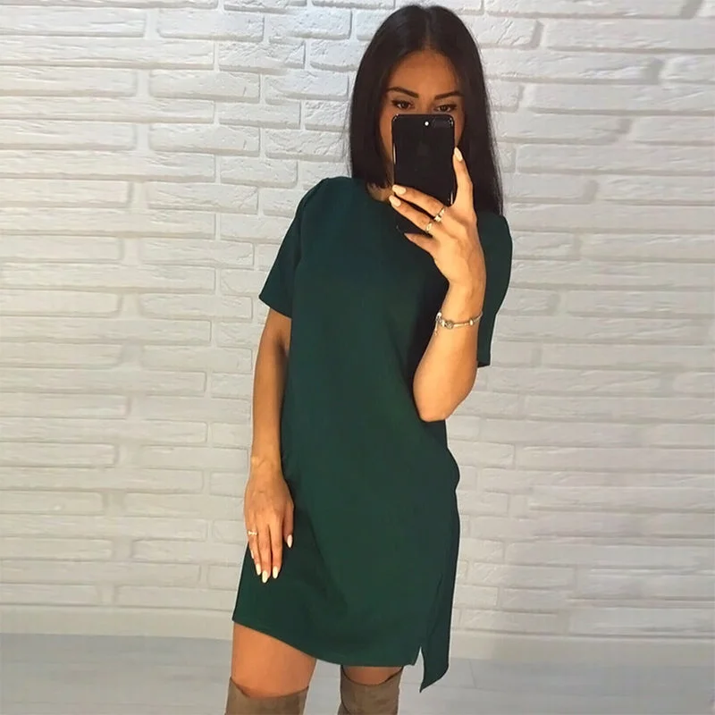 2018 New Women Beach Casual A-Line dress Vestidos Summer O-Neck Short Sleeve Green Black Parties Mini dresses Puls size Cozy Satin Mini Dress