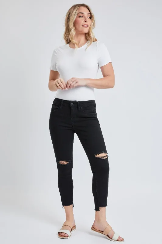 Women's High Rise Hi-Low Frayed Hem Cropped Jean Casual Skinny Fit Jeans