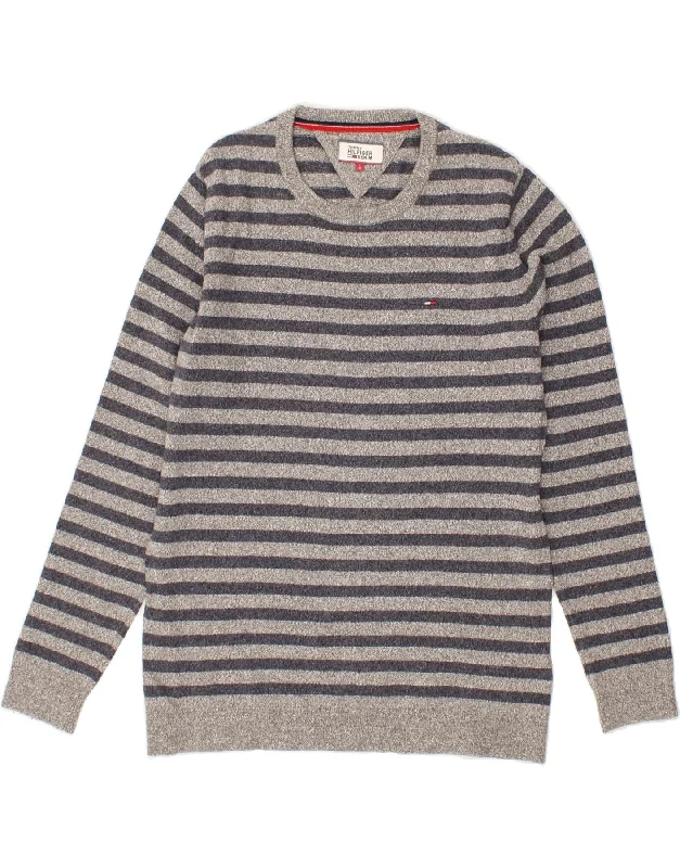 TOMMY HILFIGER Mens Crew Neck Jumper Sweater Large Grey Striped Polka Dot Checkered Tartan