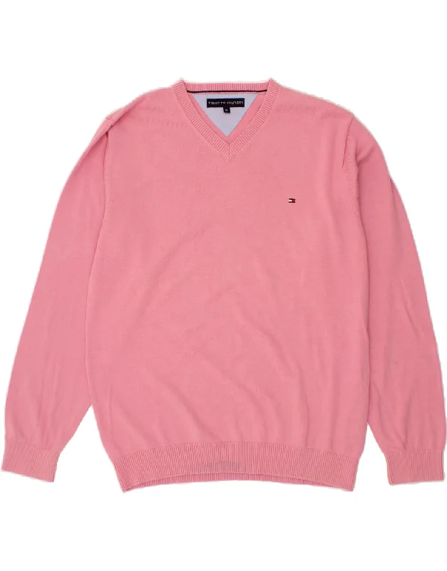 TOMMY HILFIGER Mens V-Neck Jumper Sweater XL Pink Cotton Fitted Slim Tailored