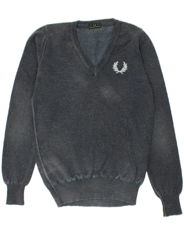 FRED PERRY Mens V-Neck Jumper Sweater Small Navy Blue Wool Fleece Sweater Nylon Polyester