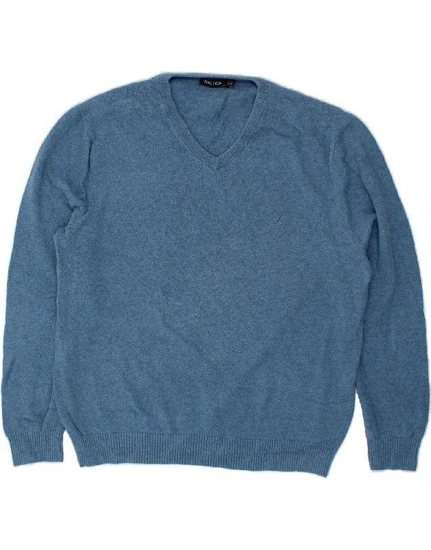 NAUTICA Mens V-Neck Jumper Sweater 2XL Blue Cotton Long Sweater Short Sweater Cropped Sweater