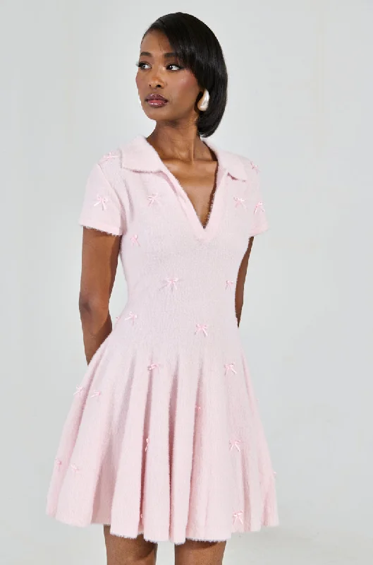 BOW DOWN GIRL MINI DRESS IN PINK Comfortable Fit-and-Flare Mini Dress