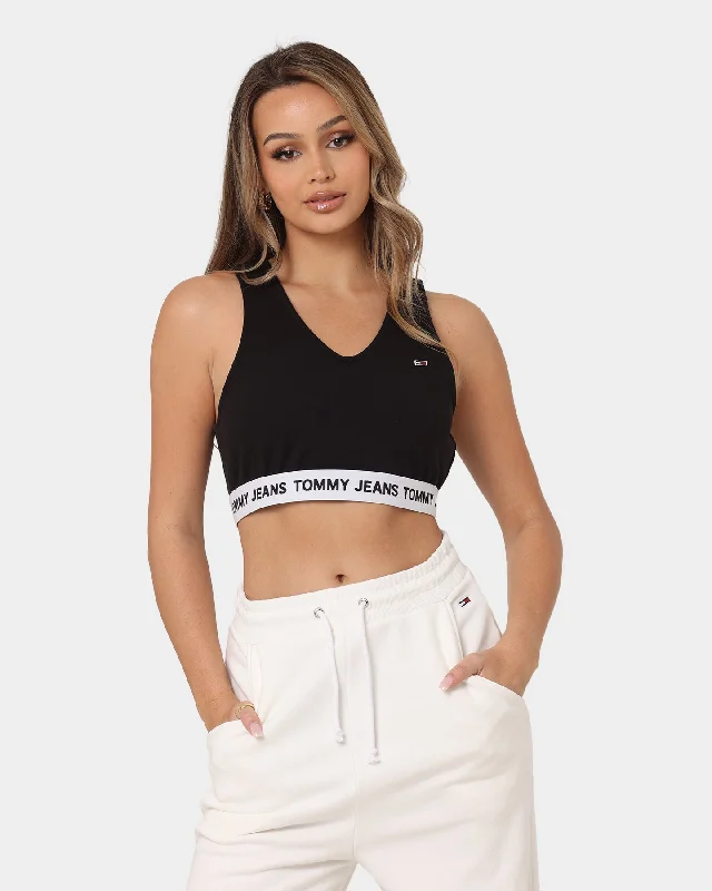 Tommy Jeans Women's Super Crop V Logo Waistband Top Black Trendy Colored Denim Jeans