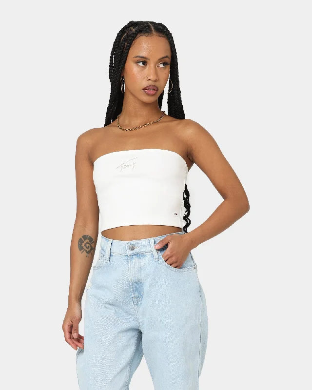 Tommy Jeans Women's Signature Crop Tube Top Ecru Fashionable Relaxed Fit Denim