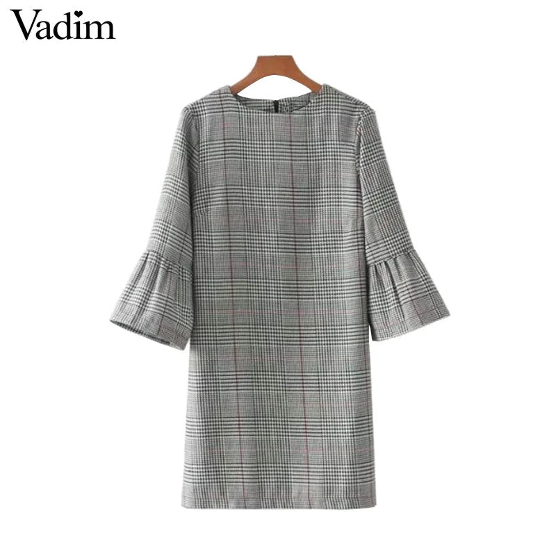 Vadim women vintage flare sleeve houndstooth dress basic plaid bell sleeve brand autumn mini dresses vestidos mujer QZ3247 Elegant Velvet Mini Dress