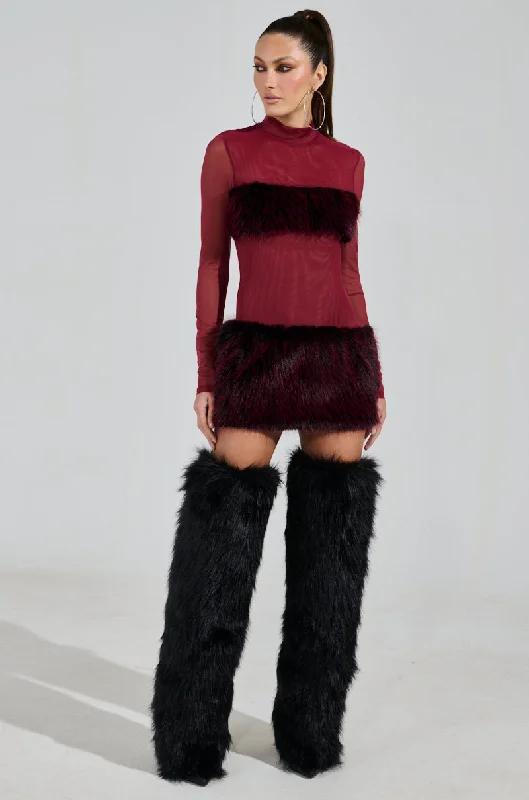 ZOEY MESH FUR MINI DRESS Fashionable A-Line Mini Dress