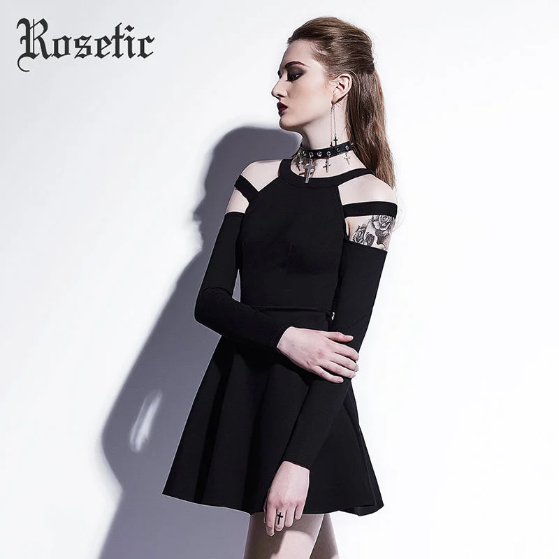 Rosetic Gothic Mini Dress Black Fashion Hollow Autumn Women Casual Dress Dark Street Wild Sexy Preppy A-Line Goth Mini Dresses Trendy Crossover Mini Dress