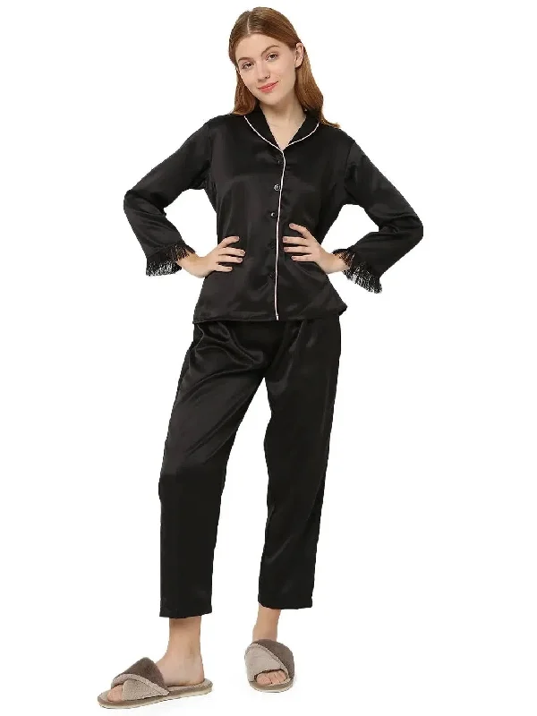 Smarty Pants Women's Silk Satin Shawl Collar Black Color Fringed Night Suit Pair Soft Sweatpants Style Smarty Pants Women's Silk Satin Shawl Collar Black Color Fringed Night Suit Pair Soft Sweatpants Style