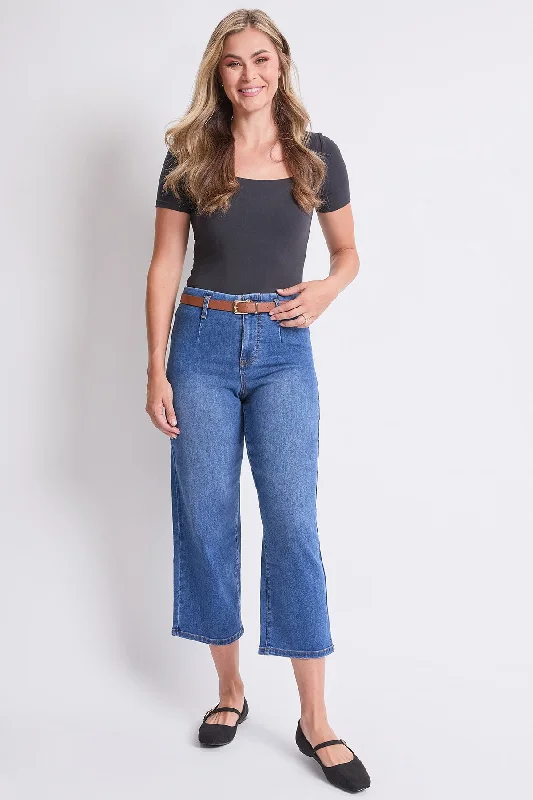 Women's High Rise Crop Belted Wide Leg Jeans Comfortable Folded Hem Jeans