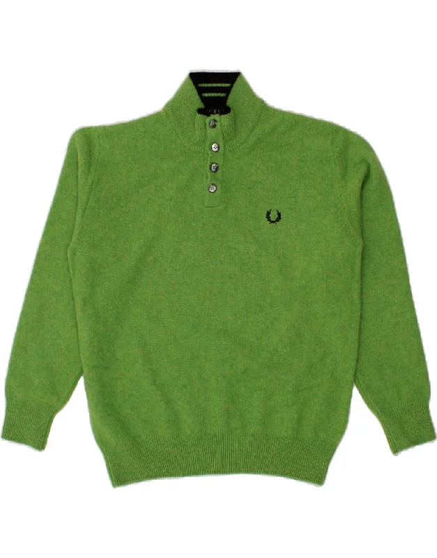 FRED PERRY Mens Button Neck Jumper Sweater Medium Green Wool Neon Metallic Matte