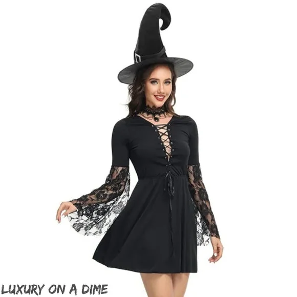 Sexy Witch Adult Woman 2 Piece Halloween Costume Hat Mini Dress Fantasy Cosplay Comfortable Wrap Mini Dress