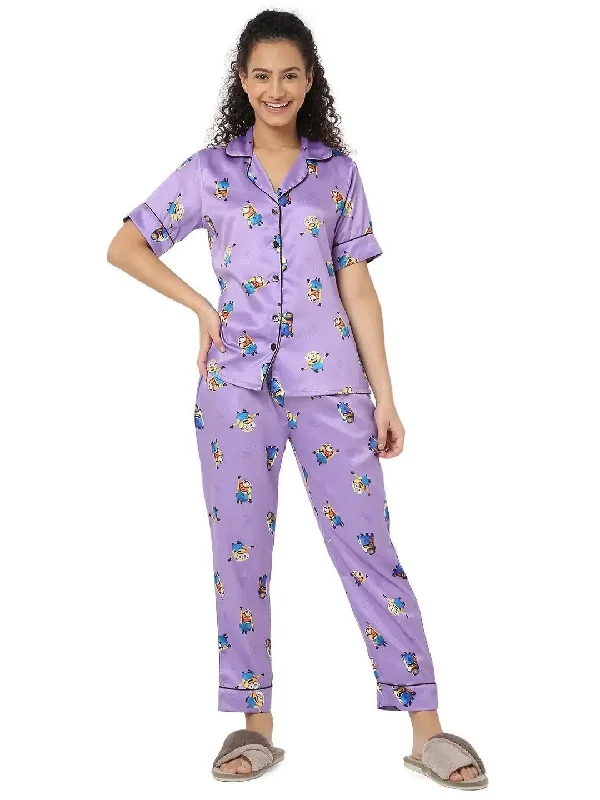 Smarty Pants Women's Silk Satin Lilac Color Minion Print Night Suit Soft Stretch Pants Smarty Pants Women's Silk Satin Lilac Color Minion Print Night Suit Soft Stretch Pants
