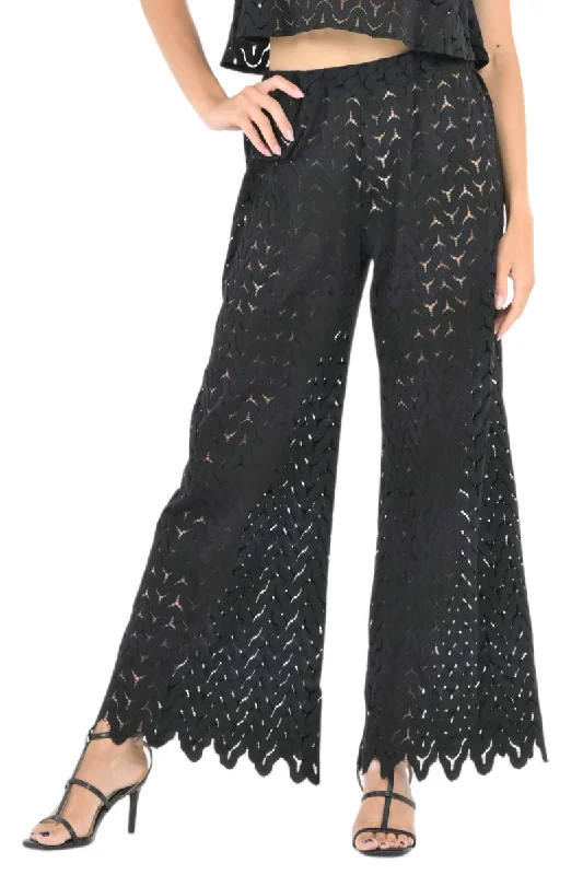 Black Zig Zag Lace Wide-Leg Tango Pants Cozy Full-Length Pants