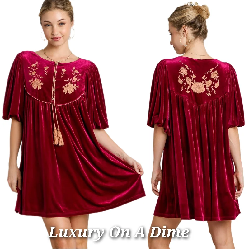 Umgee Velvet Rose Embroidered Floral Tassel Half Sleeve Trapeze Mini Dress Stylish Puff Sleeve Mini Dress