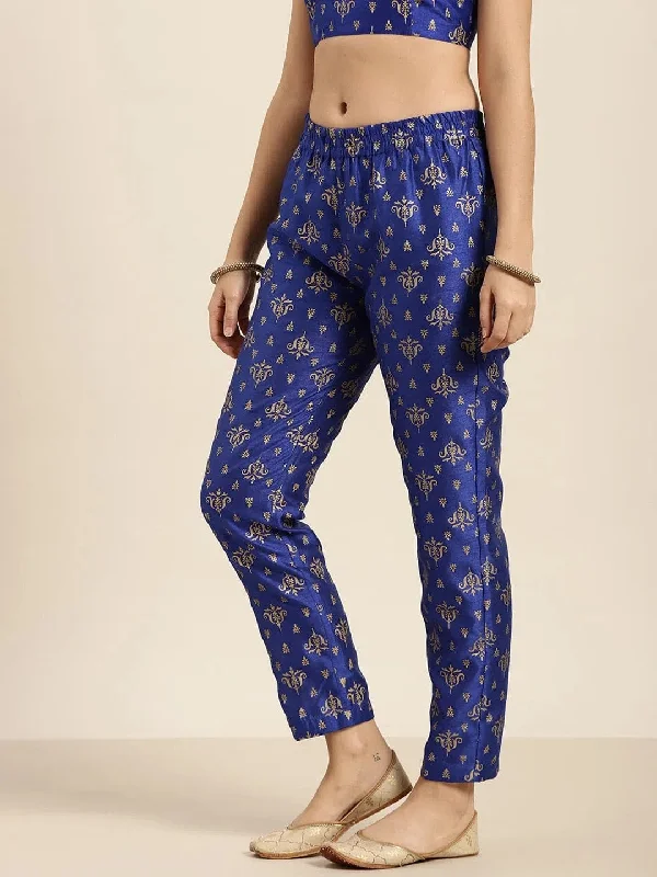 Blue Foil Print Pencil Pants Formal Linen Trousers