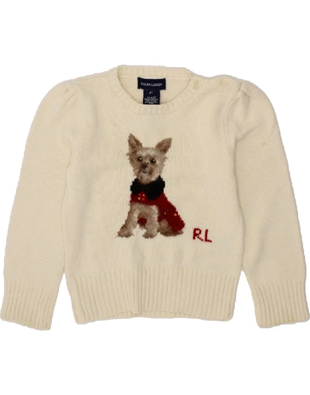 RALPH LAUREN Girls Graphic Crew Neck Jumper Sweater 3-4 Years White Knit Fabric Woven Fabric Fleece Fabric