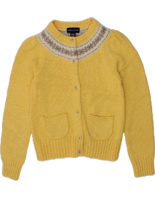 RALPH LAUREN Girls Cardigan Sweater 5-6 Years Yellow Fair Isle Cotton Spandex Blend Rayon Blend Denim Blend