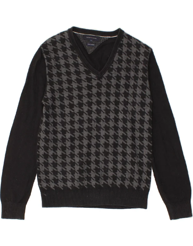 TOMMY HILFIGER Mens V-Neck Jumper Sweater Medium Black Houndstooth Cotton Glossy Satin Silk