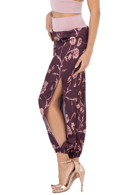 Satin Floral Babucha Tango Pants Comfortable Pleated Pants