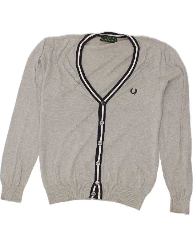 FRED PERRY Mens Cardigan Sweater Medium Grey Cotton Knit Fabric Woven Fabric Fleece Fabric