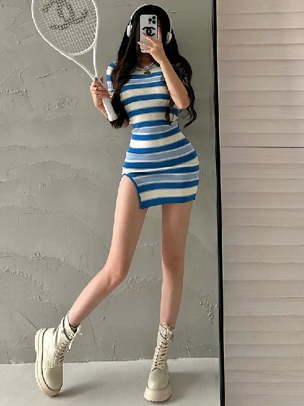 Elena Striped Short Sleeve Side Slit Slim Bodycon Mini Dress Comfortable Smocked Mini Dress