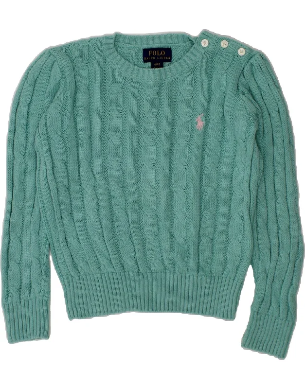 POLO RALPH LAUREN Girls Crew Neck Jumper Sweater 3-4 Years Turquoise Ribbed Striped Patterned